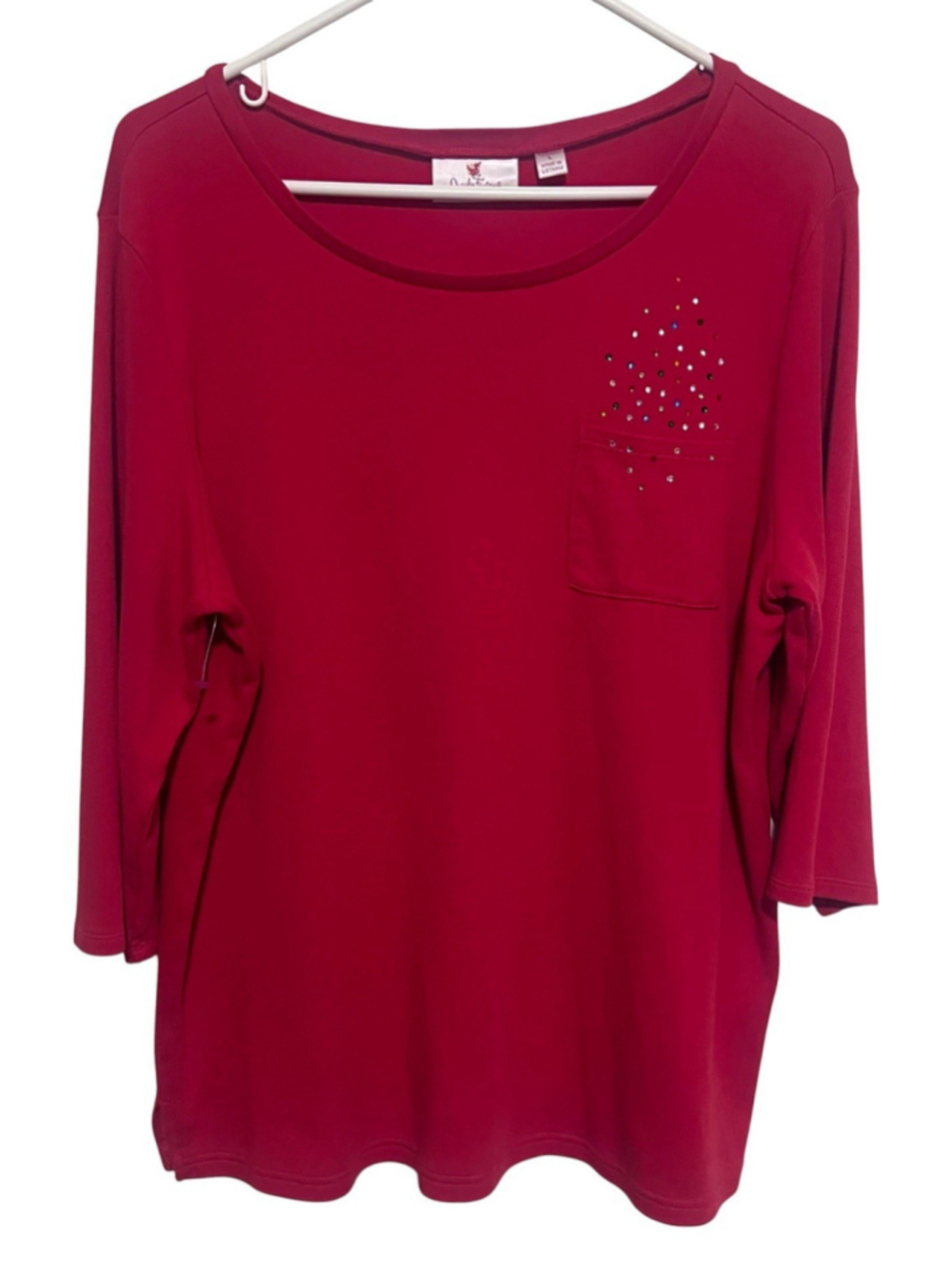 Quacker Factory Embellished 3/4 Sleeve Top Large Red Multi Rhinestone Pocket